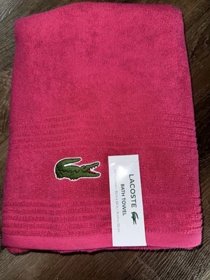 Lacoste ~ Toalla de baño rosa intenso 100 % algodón 30" x 52" logotipo de cocodrilo grande Foto 1 de 4