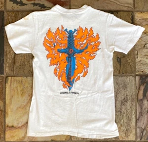 T-Shirt Vintage Powell Peralta-Guerrero-1986-Flame Sword-S 34-36-Bianco-Hi Cru - Foto 1 di 5
