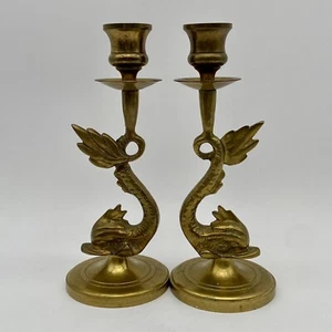 Set 2 Vintage Brass Mythical Nautical Dolphin Sea Serpent Koi Candlestick Holder - Picture 1 of 12