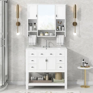 36'' Bathroom Vanity Storage Cabinet with Top Sink and Wall Mount Mirror Cabinet - Picture 1 of 87