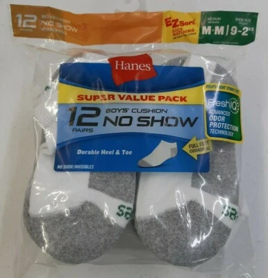 Hanes Boys 12 Pair No Show Cushion Socks Size Medium (9-2.5) FreshIQ White/Grey - Image 1 of 4