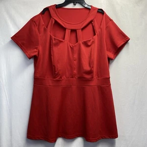 Women Cris Cross Round Neck Short Cap Sleeve Peplum Blouse 2XL Red Stretch Used - Picture 1 of 15