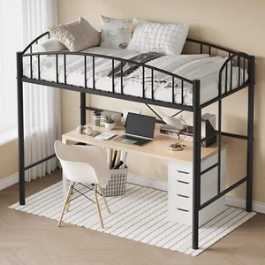 Twin Size Loft Bed ,Heavy Duty Metal Loft Bed Frame w/Ladder, Space-Saving Black - Picture 1 of 7
