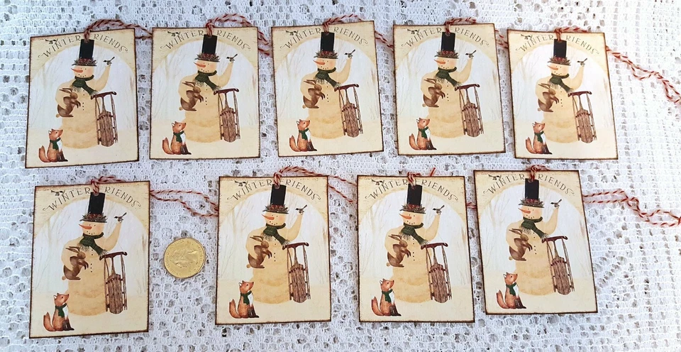 9~Primitive~Christmas~Farmhouse~Snowman~Linen Cardstock~Gift~Hang~Tags~Ornies - Image 1 of 1