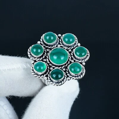 Verde Naturale Onice 925 Argento Sterling Gemma Fiore Anelli Mano Gioielli - Immagine 1 di 4