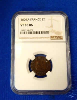 1607A France Double Tournois Nice Original NGC VF30 BR  KM-PF10 Henry IIII - Image 1 of 2