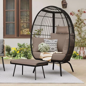 Wicker Egg Chair with Ottoman Outdoor Indoor Oversized Lounger Stand for Porch - Picture 1 of 8