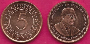 MAURITIUS 5 CENTAVOS 1999 UNC SIR SEEWOOSAGUR RAMGOOLAM 3/4 DERECHO, VALOR DENTRO DE CUENTAS - Imagen 1 de 1