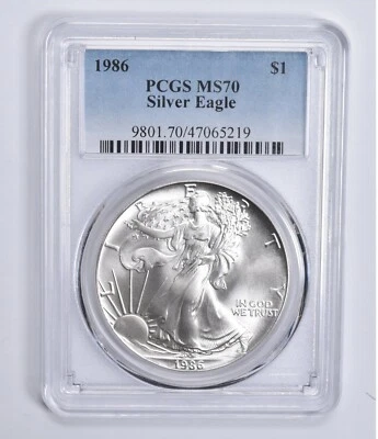 MS70 1986 American Silver Eagle PCGS azul Lbl Foto 1 de 4