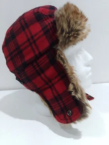 Diesel Men Trapper Hunting Red Plaid Leather Aviator Hat Size 11 Fur Lined Pilot - Picture 1 of 8