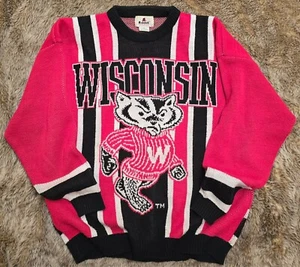 Vintage Ridell Wisconsin Badgers Mens Sweater 2XL Acrylic Stripped NCAA All over - Picture 1 of 12