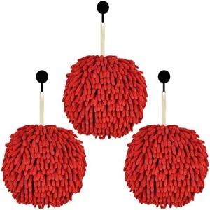 Red Fuzzy Ball Hand Towels Set of 3 7.4" Chenille Quick Dry Bathroom Kitchen - Picture 1 of 7