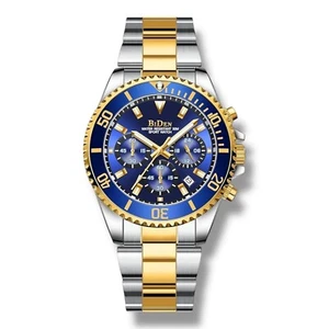BIDEN Mens Watch Chronograph Stainless Steel Waterproof Date Quartz Gold / Blue - Picture 1 of 7
