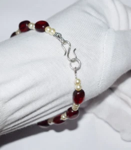 Pearl Ruby Gemstone 925 Sterling Silver 6" String Bracelet Smooth Oval Beads - Picture 1 of 10