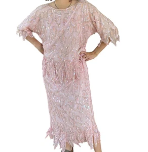Conjunto de 2 Camisa y Falda Carina Rosa Lentejuelas Seda M India Vintage Cuentas Formal - Imagen 1 de 12