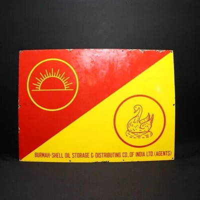 VINTAGE PORCELAIN ENAMEL SIGN BURMAH SHELL OIL RISING SUN SWAN MARK 42 INCH 1940 - Image 1 of 4