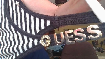 Guess Rhinestone Bling Logo Strap Tank Top Size Large Black/White Stripe Stretch - Image 1 of 4