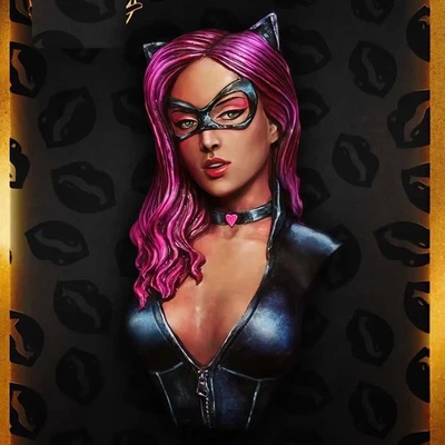 1/9 Scale Catgirl Superhero Bust – Resin Model with Mask, Pink Hair & Black Body - Image 1 of 2
