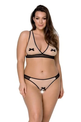 Ouvert-Set Viena beige-schwarz in Übergrößen BH + offener String sexy 4XL-7XL - Bild 1 von 4