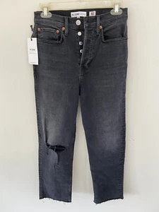 NWT Redone Originals High Waisted Straight Leg Jeans Vintage Black Destroy, 26 - Picture 1 of 3