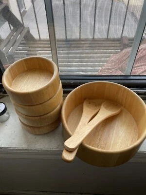 Vintage "1994" Winsome Wood NATURAL SOLID WOOD 7 Piece Salad Bowl Set - Image 1 of 3