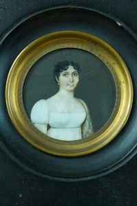 Ancienne Miniature Portrait de jeune Femme robe Blanche Empire De Lauro Italie - Photo 1/6