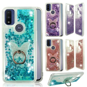 For Motorola Moto G Pure, Liquid Glitter Quicksand Rubber Soft Case Ring Stand - Picture 1 of 13