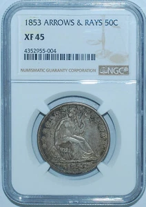 1853 NGC XF45 With Arrows And Rays Seated Liberty Half Dollar - Picture 1 of 2