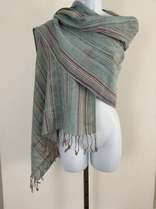 Lightweight Woven Cashmere Wrap/Scarf In Aqua/Pink Paisley Stripe 68x27 - Picture 1 of 7