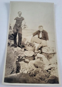 C 1918 RPPC 2 GENTS WASH DUG CLAMS 1 IN TIE! IN SURF AT SEASHORE RYE BEACH NH ? - Picture 1 of 2