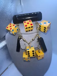 Vtg Shultz Bakelite Black Bar Brooch Yellow Dice Earrings Whimsical Figurals - Picture 1 of 24