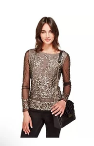 M&S Per Una Premium Women's Sequin Embellished Mesh Top UK 12/US 8Black|Nude Mix - Picture 1 of 17