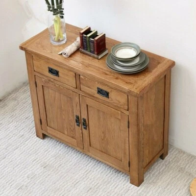 OAK Mini Sideboard with 2 Doors 2 Drawers OAK Buffets Cabinet 75cm Brown - Image 1 of 4