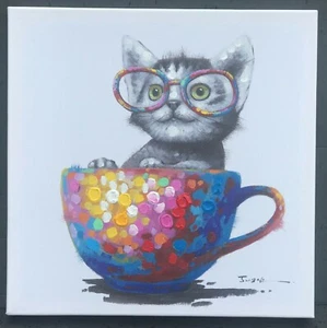 Nueva Preciosa Impresión sobre Lienzo Lindo Gatito en la TAZA - 16" X 16" X 1.3" - MARCA - Imagen 1 de 4