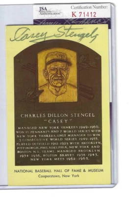 Casey Stengel NY Mets Yankees Baseball Autographed Plaque Postcard 2X JSA COA - Image 1 of 2