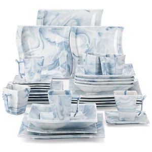 MALACASA Flora 30-Piece Dinnerware Set Porcelain Marble Blue Wave-shape Dishware - Picture 1 of 12