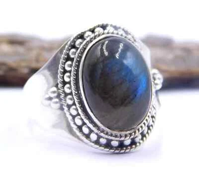 6.5 GM 925 Argento Sterling Naturale Labradorite Ovale Cab Pietra Anello Misura - Immagine 1 di 4