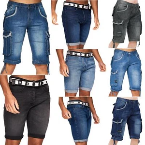Mens Crosshatch Denim Cargo Shorts Knee Length Casual Combat Multi Pocket Pant - Picture 1 of 36