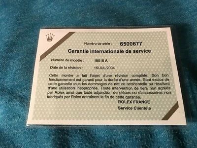 Rolex Certificato Servizio Garanzia Per 6 Seriale Giorno Data 19018 - Immagine 1 di 2