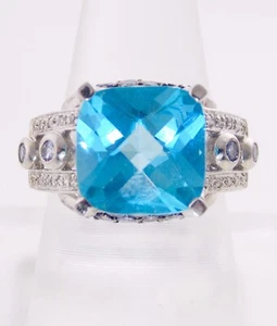 STUNNING 10KT GOLD PRINCESS CUSHION SWISS BLUE TOPAZ & DIAMNOND, TANZANITE RING - Picture 1 of 12