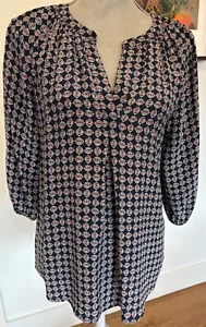 Joie Top Womens XS Blue White Geo Print Silk Popover 3/4 Sleeve Blouse Smocked - Picture 1 of 13