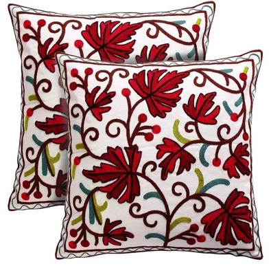 Bohemian Floral Embroidered Natural White Cotton Pillow Cover 16x16 Set Of 2 - Image 1 of 4
