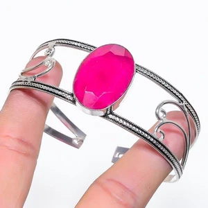 Ruby(Simulated) Gemstone 925 Sterling Silver Cuff Bangle Adjustable Gift T227 - Picture 1 of 5