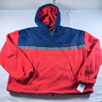 Moletom Tommy Hilfiger pulôver com capuz feminino GG novo com etiquetas lã vermelha 1/4 zíper casual - Imagem 1 de 4
