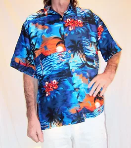 CAMISA HAWAIANA FUERTE PUESTA DE SOL AZUL/NARANJA Y flores de hibisco DESPEDIDAS DE SOLTERO NOCHE - Imagen 1 de 5