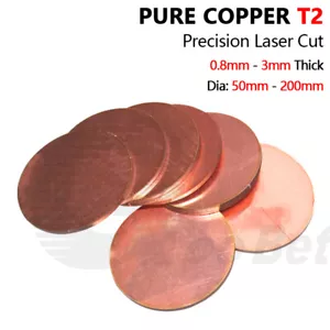 Solid Pure Copper Blank Round Discs T2 Grade Sheet Plate Panel Laser Cut 0.8-3mm - Picture 1 of 13