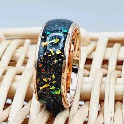 Anillo de boda con incrustación de ópalo triturado anillo de boda de ópalo galaxia oro rosa alianza de tungsteno Foto 1 de 4