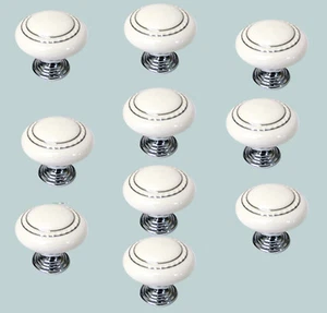 10 x Perillas de armario de porcelana Blanco Pulido Cromo Doble Anillo Diseño - Imagen 1 de 4