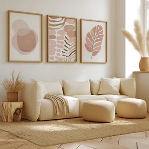 Neutral Cream Beige Wall Art Set of 3 Abstract Floral Shapes Poster Prints - Picture 1 of 5