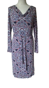 Monsoon Dress Paisley Blue Pink Print Stretch Jersey knee length Belted Size 10 - Picture 1 of 6